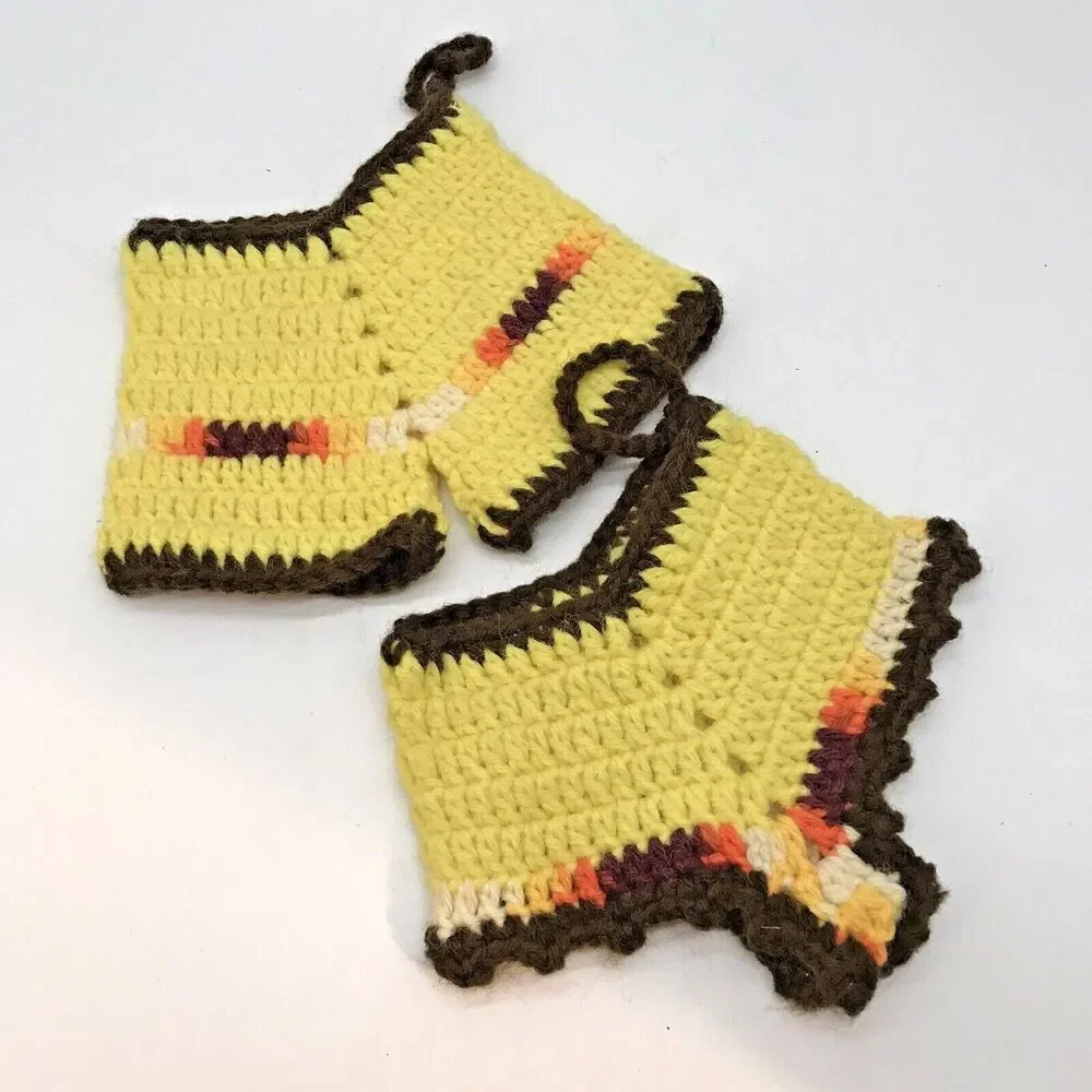2 Vintage Hand Crocheted His & Hers Pants Potholders Yellow & Brown Hand Crafted